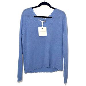 Stitch & Needle Cashmere V Neck Distressed Edge Sweater - Blue M